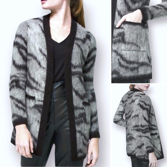 White House Black Market Alpaca/Wood Blend Long Cardigan Animal Print Pockets - Picture 1 of 13